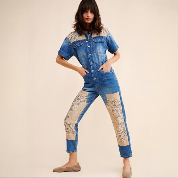 Tricia Fix Pants - Free People X Tricia Fix Bandana Denim Jumpsuit Coveralls Size XL Western Boho